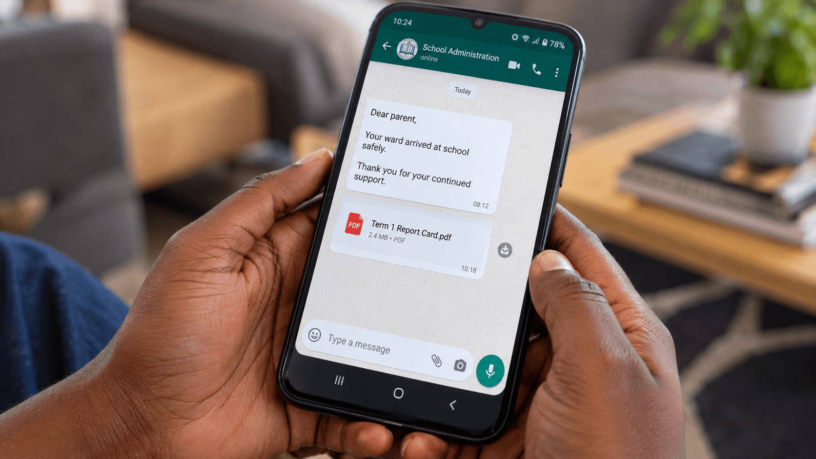A parent's phone showing a WhatsApp arrival alert and a report card from the school